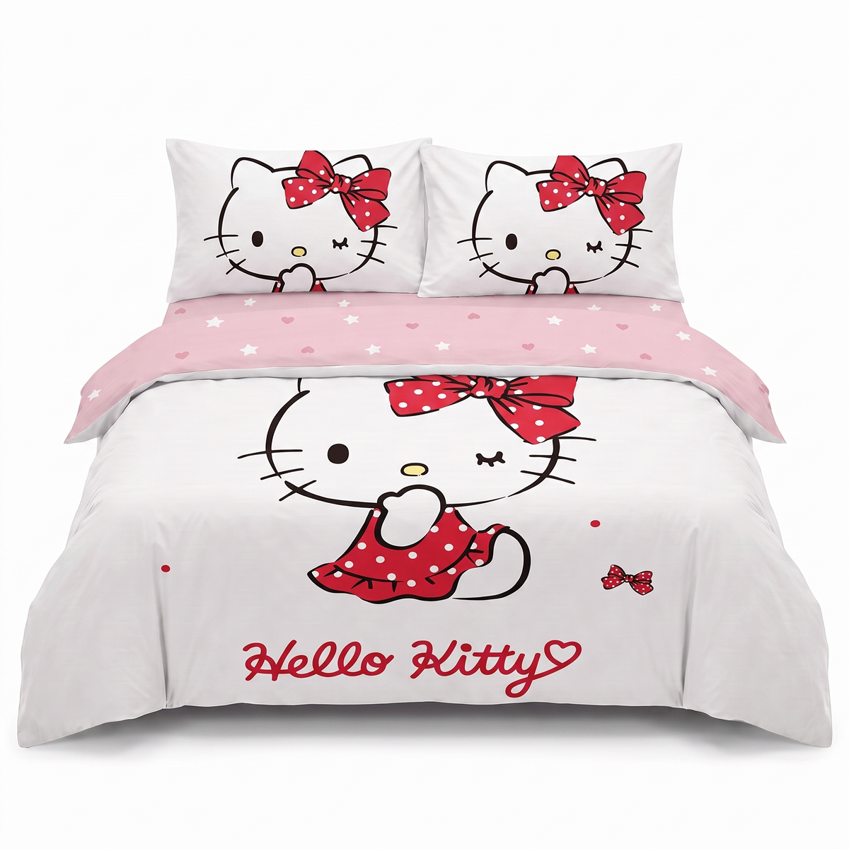 Jednolůžková sada povlečení 3D v bílé barvě, s Hello Kitty — pohled zepředu