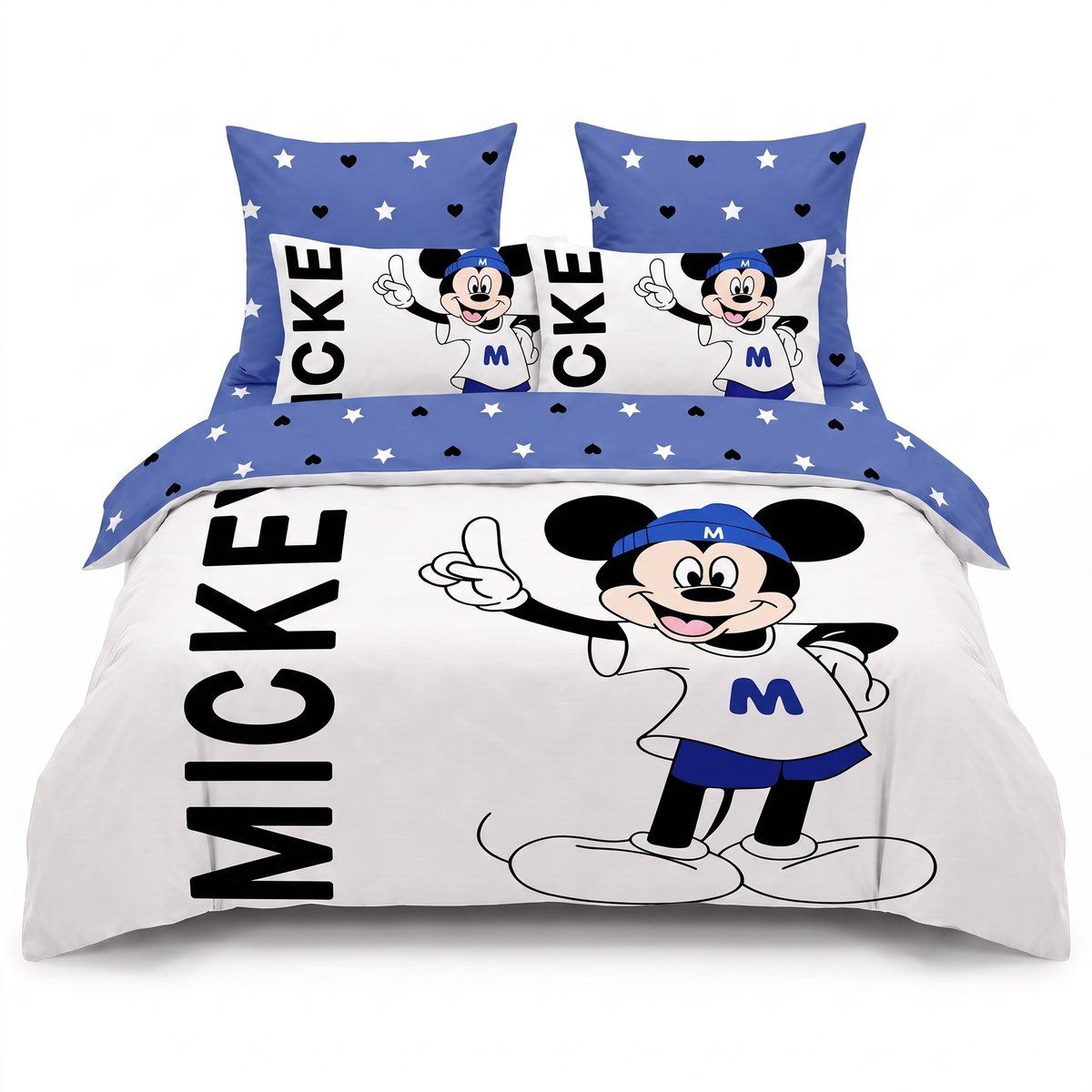 Sada povlečení 3D v bílé a modré barvě, s Mickey Mousem a hvězdičkami — pohled zepředu