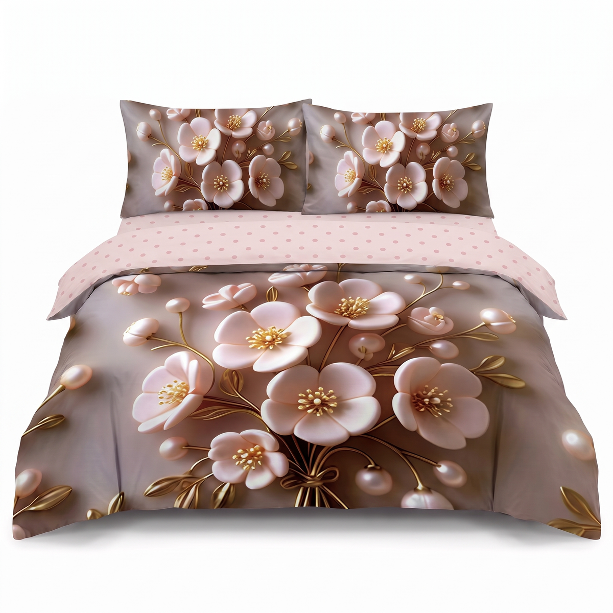 Sada povlečení 5D s gumou, 4 ks — Světle růžová s kvítky — pohled zepředu