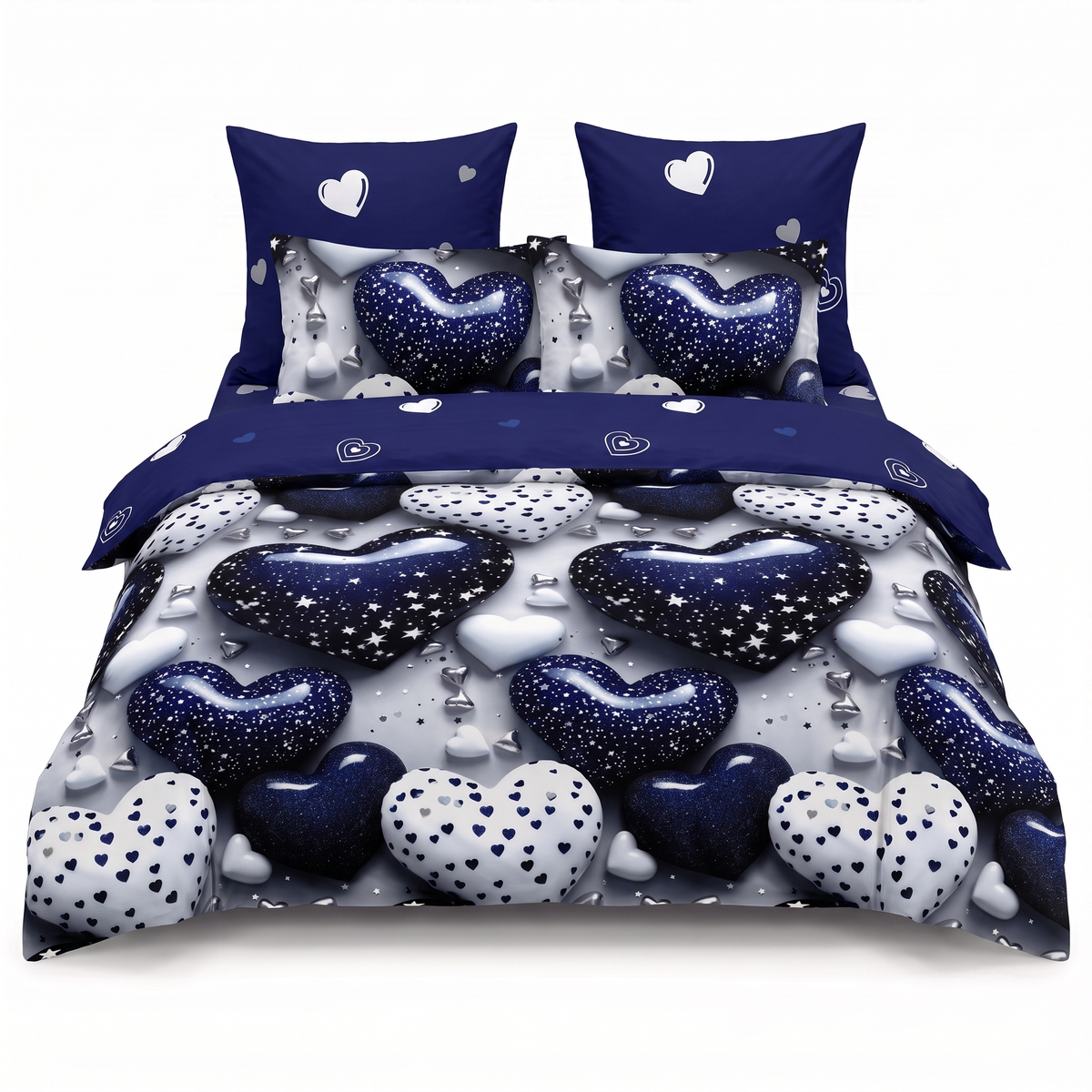 Sada povlečení s gumou, s bílými a modrými srdci — pohled zepředu