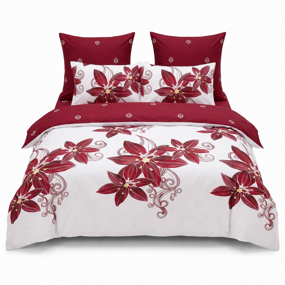 Sada povlečení s gumou v bílé a červené barvě, s krásnými květinami — pohled zepředu