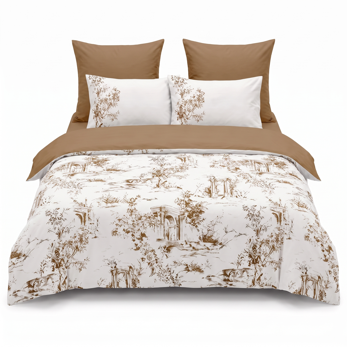 Sada povlečení s gumou v bílé a hnědé barvě — pohled zepředu