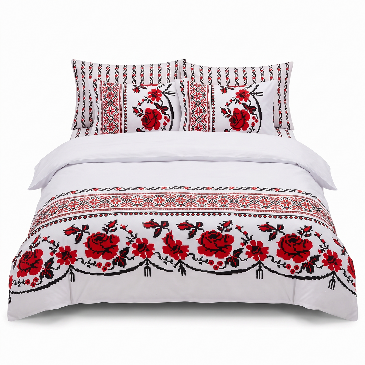 Sada povlečení s gumou v bílé barvě, s červenými růžemi — pohled zepředu