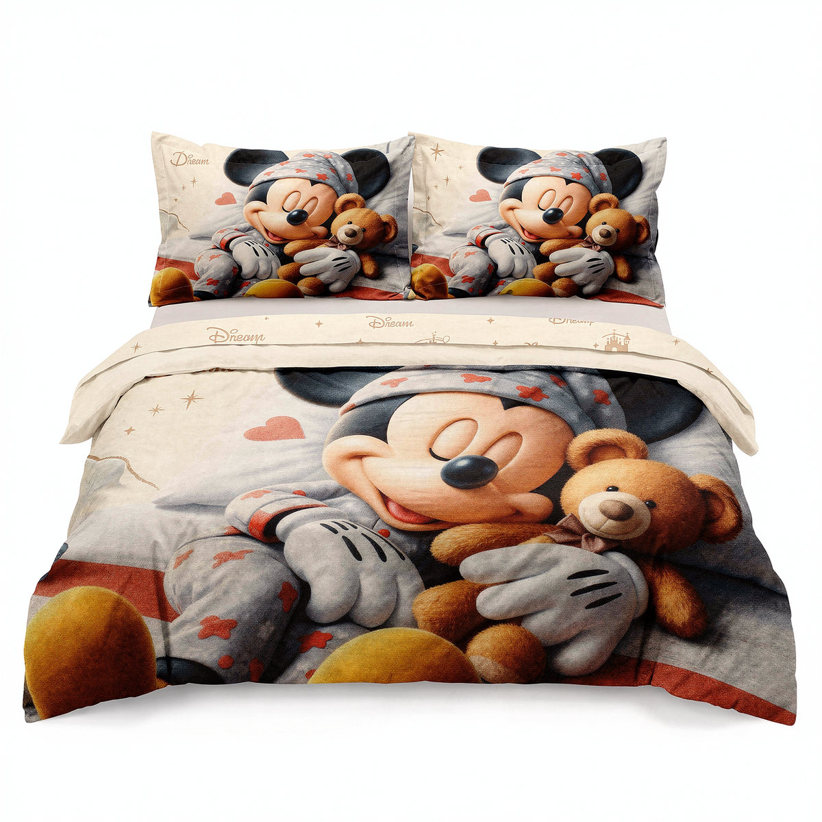 Jednolůžková sada povlečení 3D v béžové barvě, s Mickey Mousem — pohled zepředu