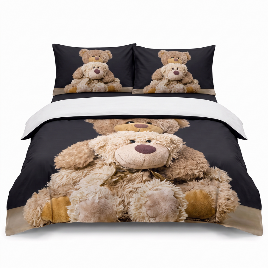 Jednolůžková sada povlečení 3D v tmavě šedé barvě, s medvídky — pohled zepředu