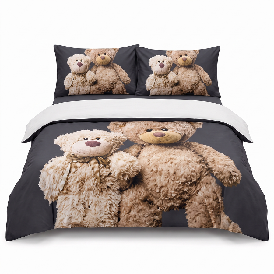 Jednolůžková sada povlečení 3D v tmavě šedé barvě, s roztomilými medvídky — pohled zepředu