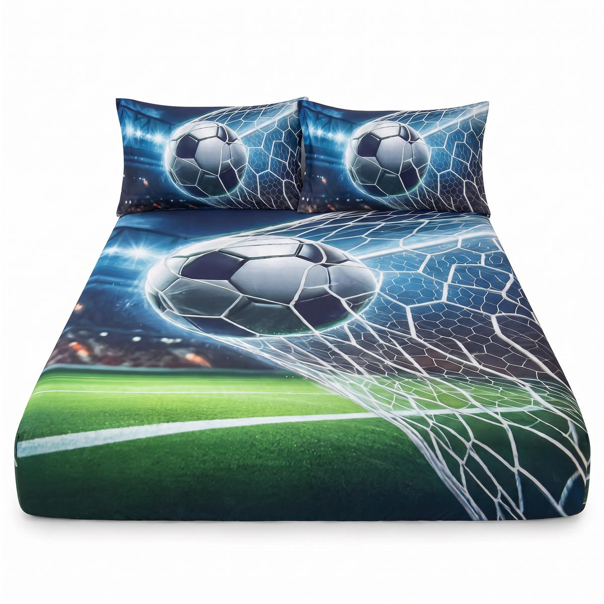 Prostěradlo 5D s gumou a 2 povlaky na polštář — Modrá s fotbalovými míči — pohled zepředu