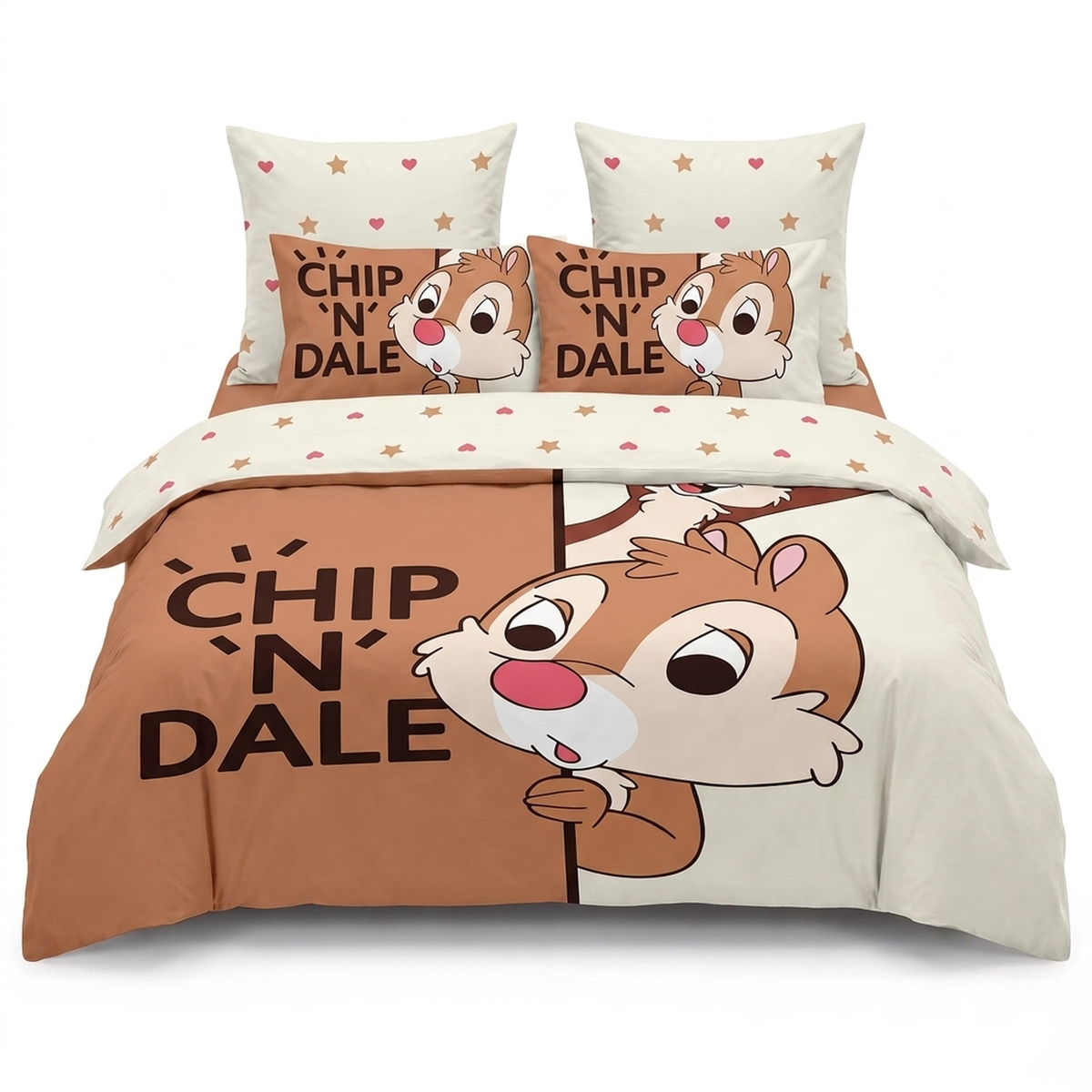 Sada povlečení 3D v bílé a hnědé barvě, s veverkami Chip a Dale — pohled zepředu