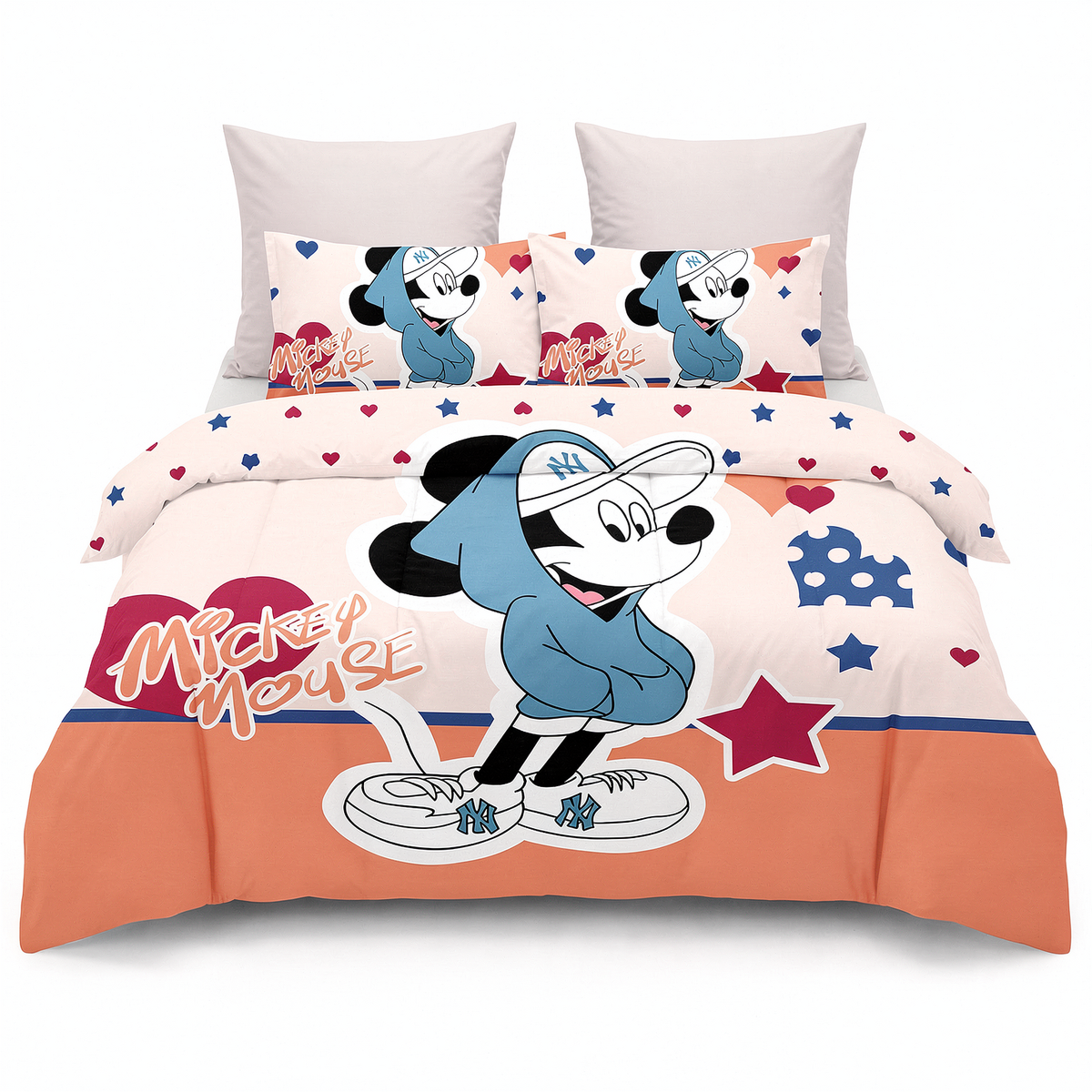 Sada povlečení 3D v bílé a oranžové barvě, s Mickey Mousem — pohled zepředu