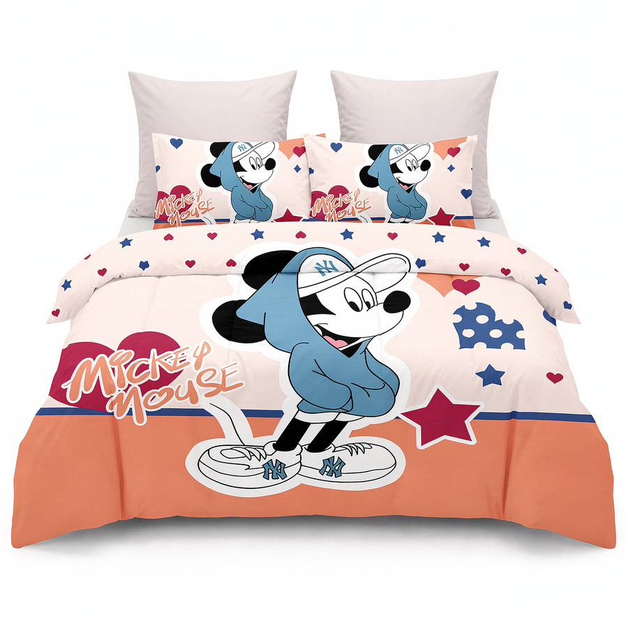 Sada povlečení 3D v bílé a oranžové barvě, s Mickey Mousem — pohled zepředu