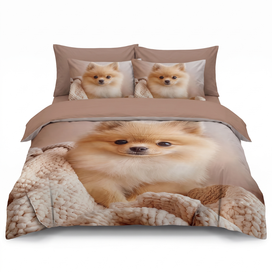 Sada povlečení 5D s gumou, 6 ks — Hnědá s pejskem — pohled zepředu