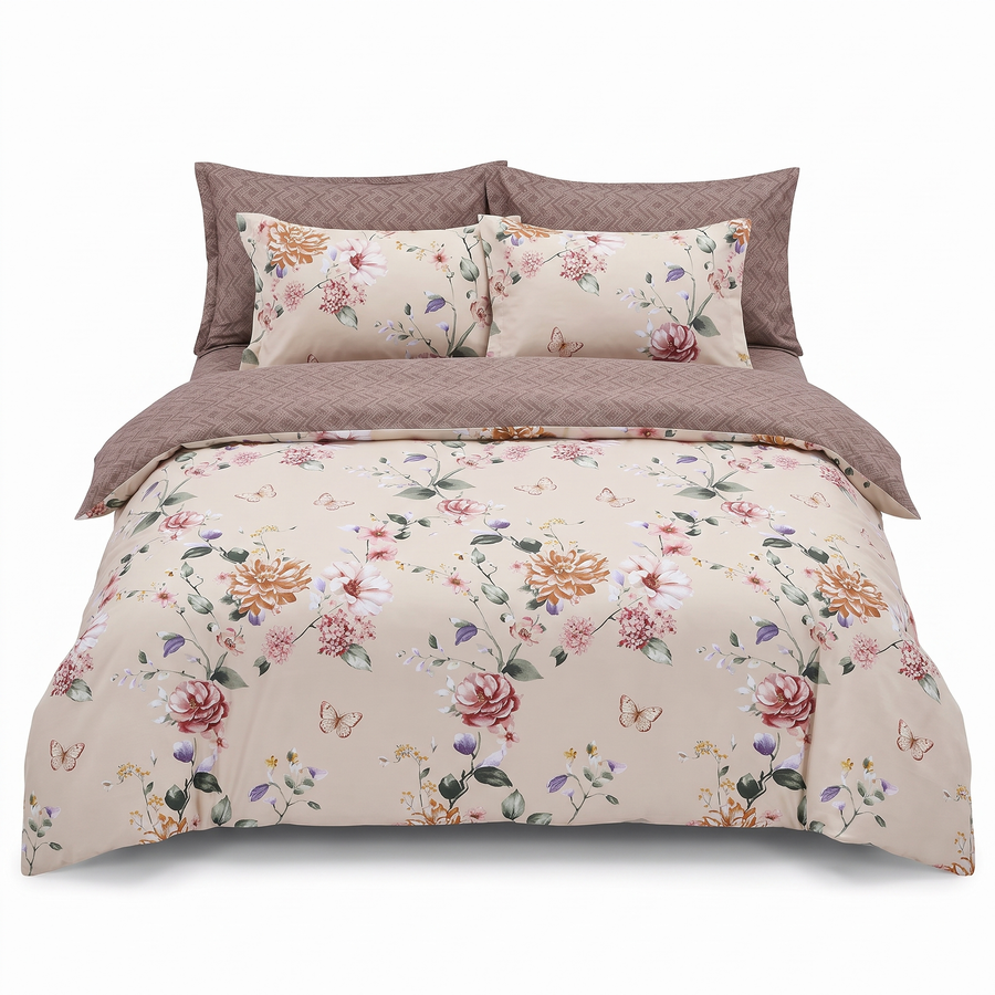 Sada povlečení s gumou, béžová s jemnými květinami — pohled zepředu