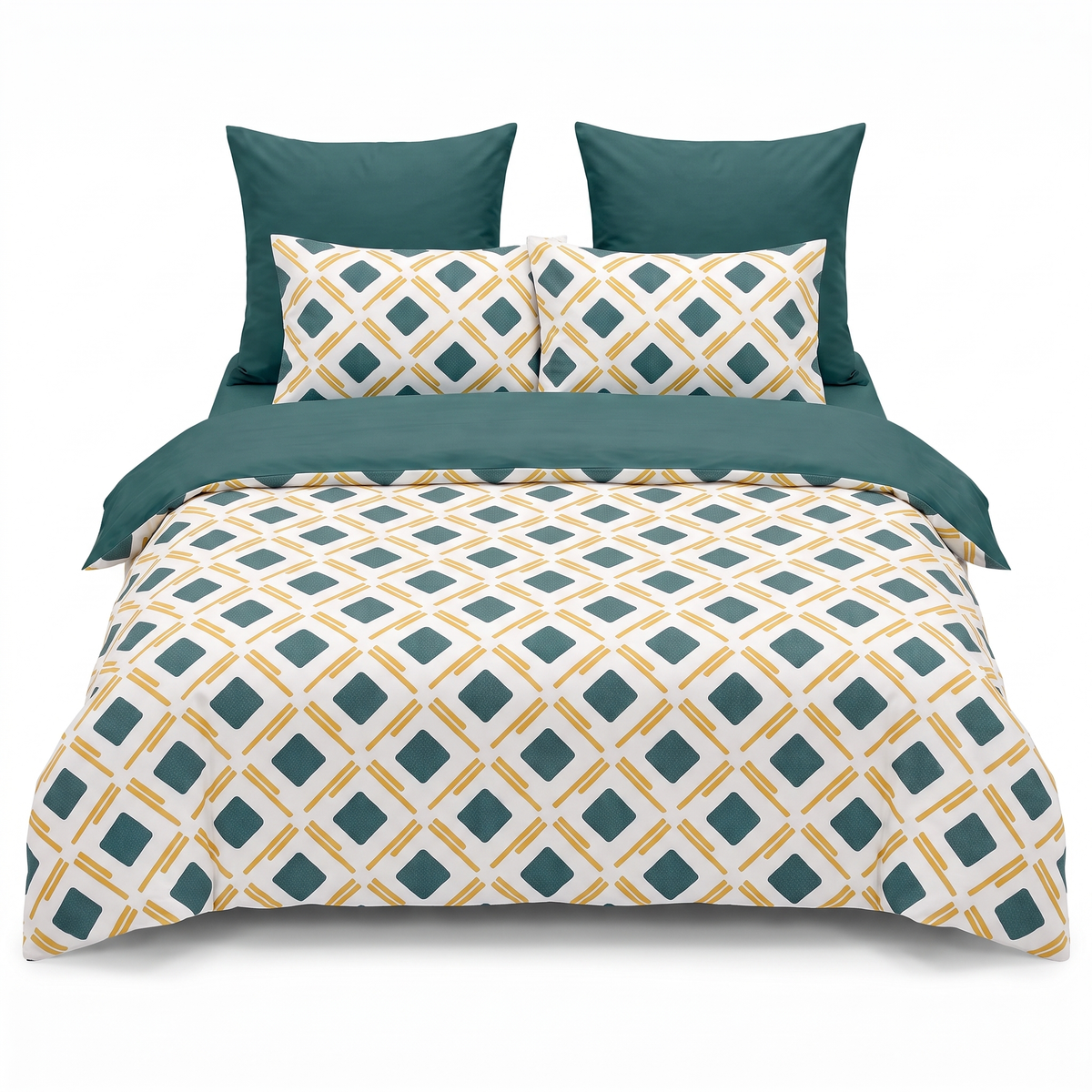 Sada povlečení s gumou v bílé a tmavě zelené barvě, s kosočtverci — pohled zepředu
