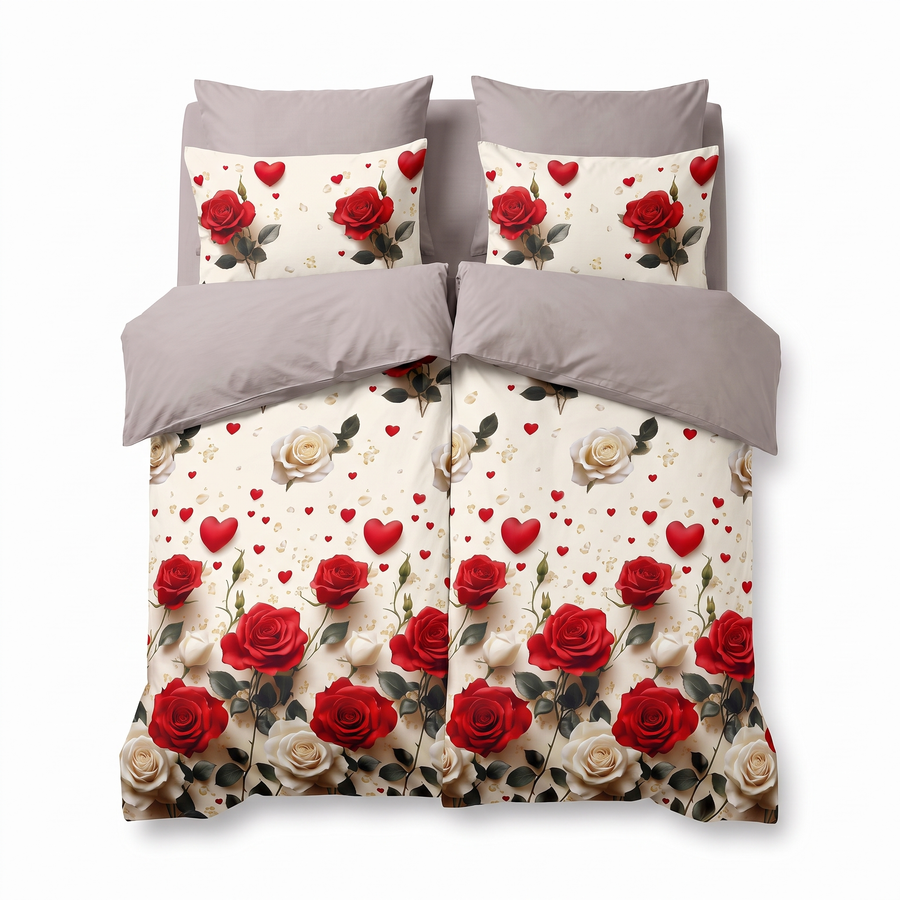 Sada povlečení se 2 povlaky na přikrývku v krémové barvě, s růžemi — pohled zepředu