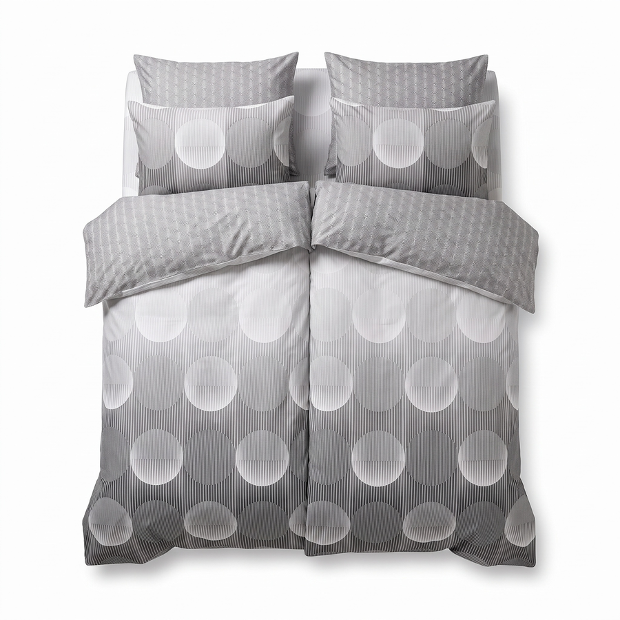 Sada povlečení se 2 povlaky na přikrývku v šedé ombré barvě, s kruhy — pohled zepředu