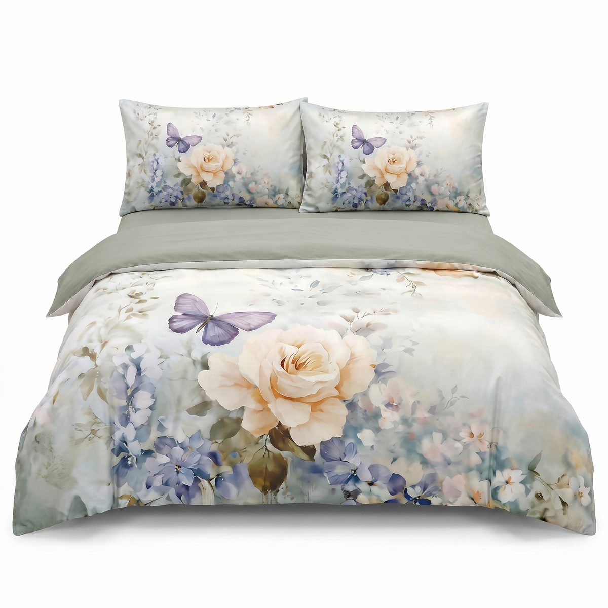 Saténová sada povlečení s gumou, 4 ks — Šedá s motýlem a růží